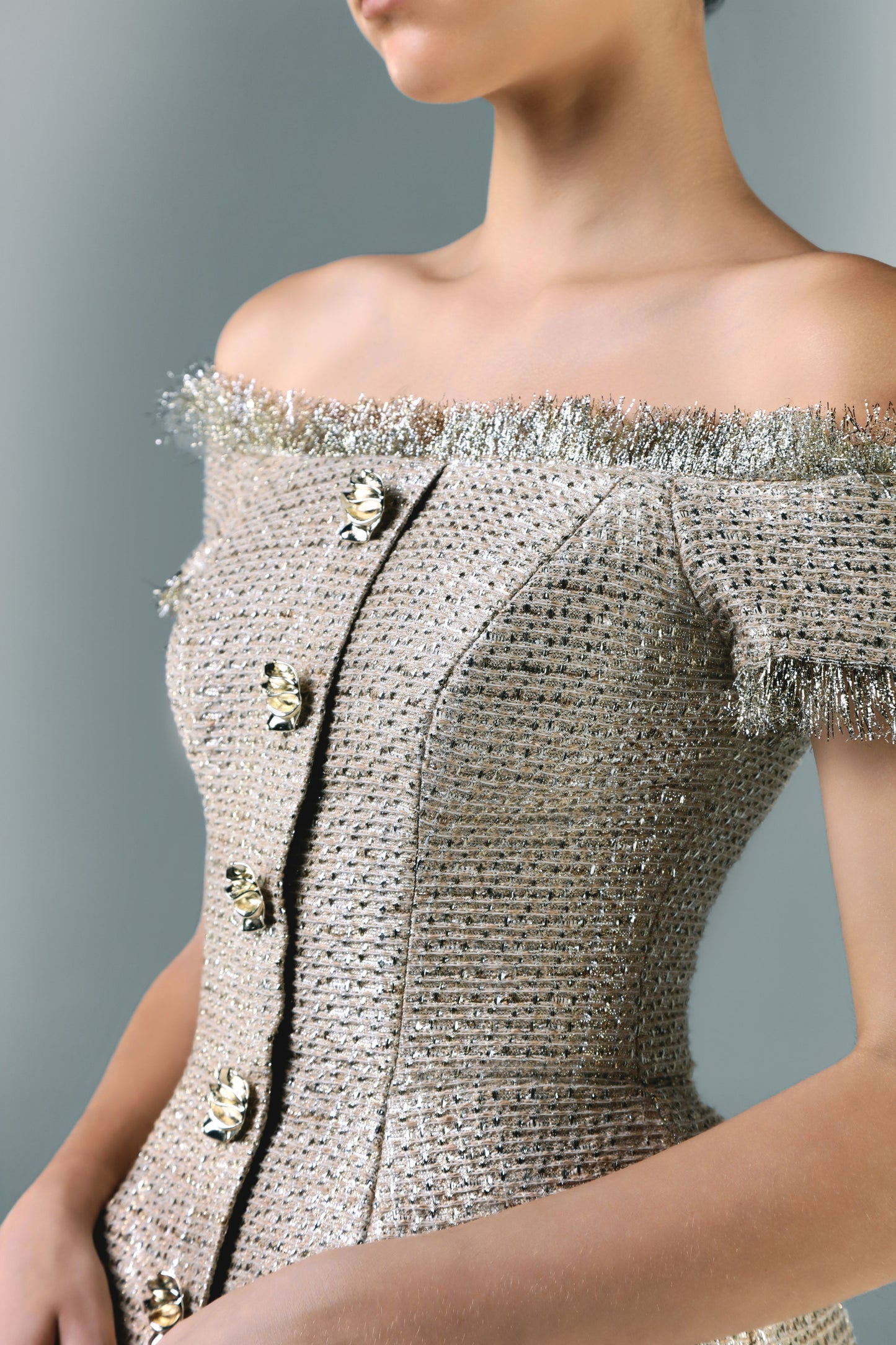 Gold Tweed Corset With Pencil Skirt