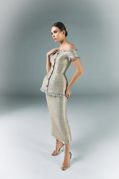 Gold Tweed Corset With Pencil Skirt