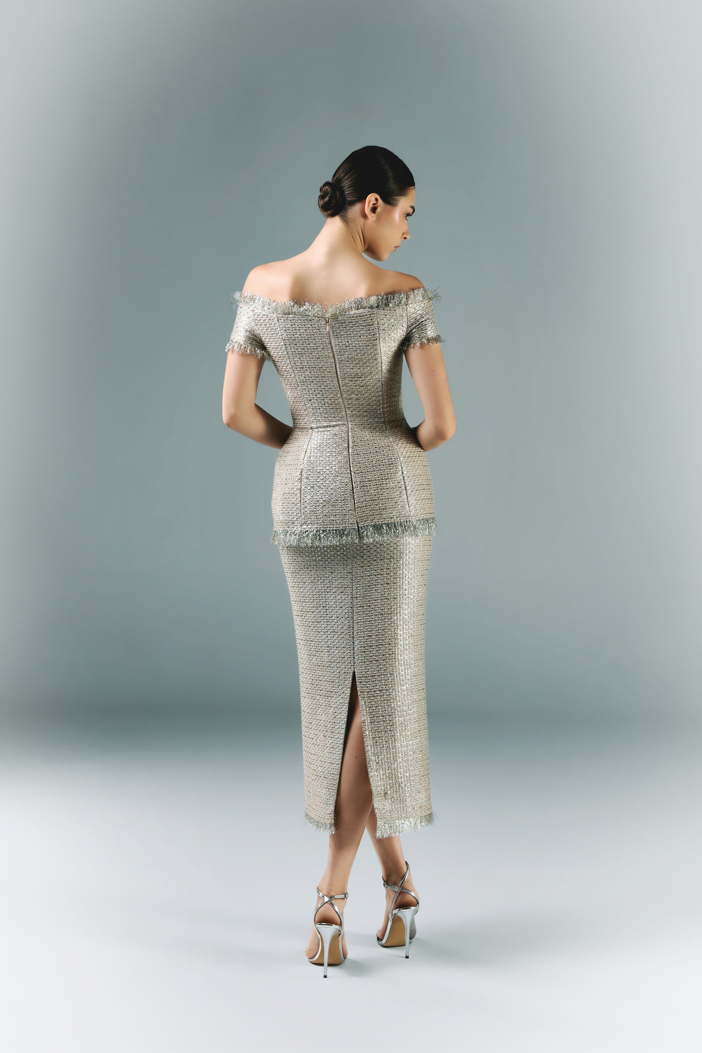 Gold Tweed Corset With Pencil Skirt