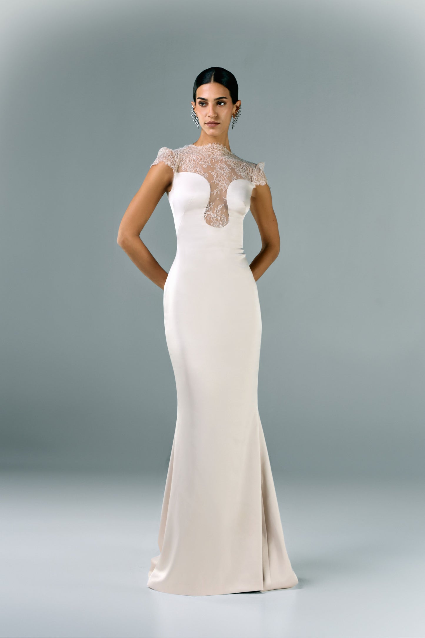 Long Crepe Satin Dress with Lace Cutout