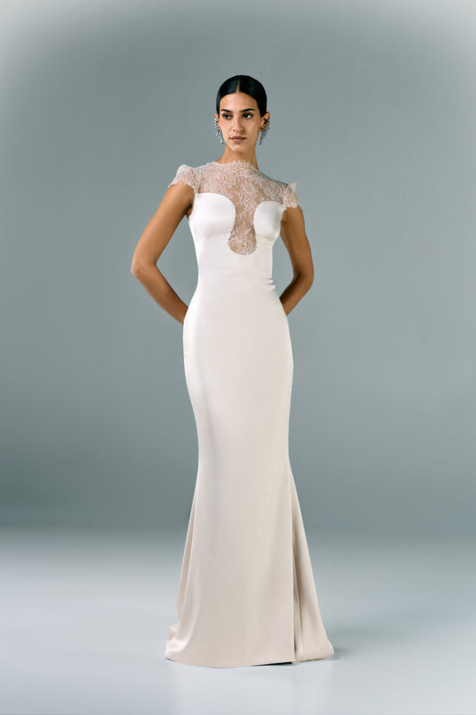 Long Crepe Satin Dress with Lace Cutout