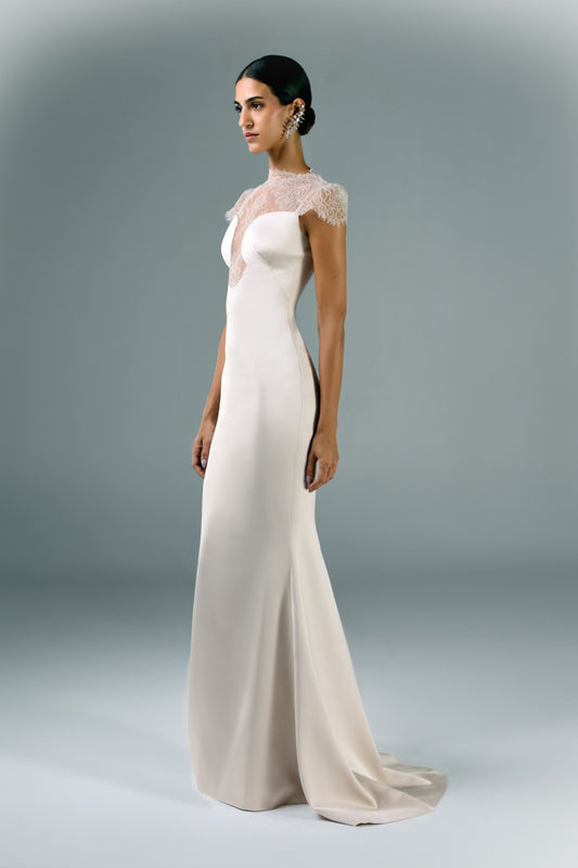 Long Crepe Satin Dress with Lace Cutout