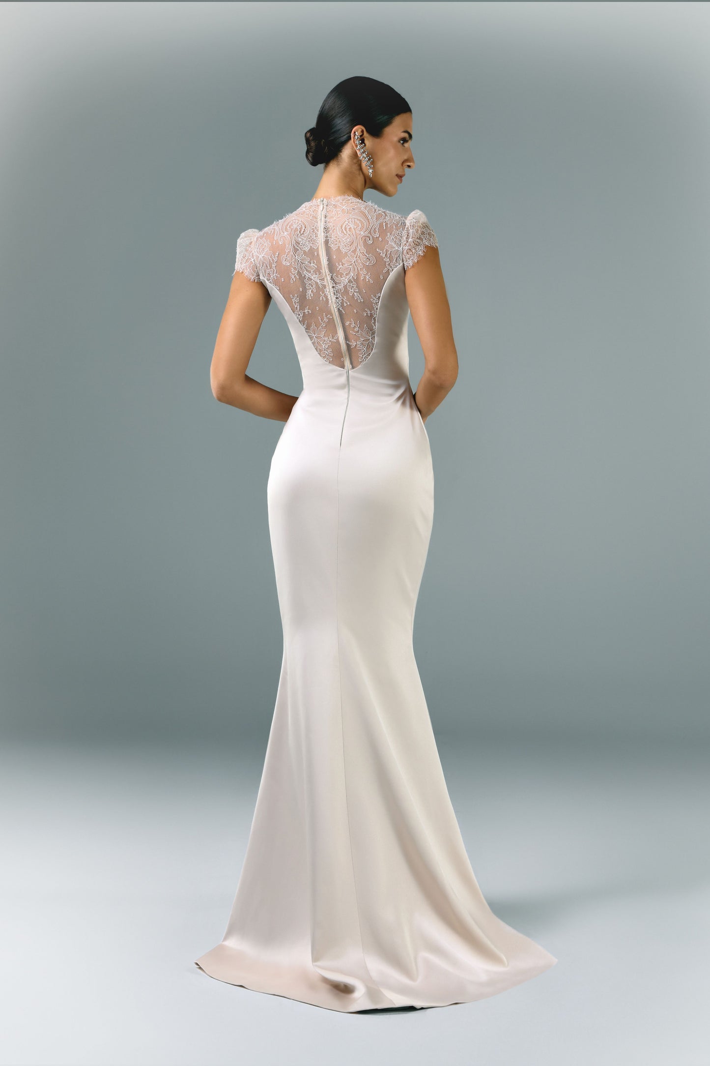 Long Crepe Satin Dress with Lace Cutout