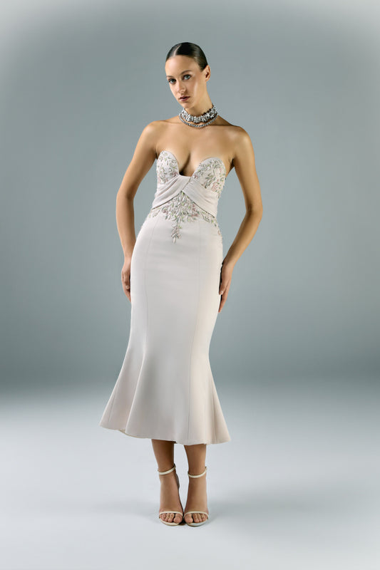 Crepe Embroidered Midi Dress