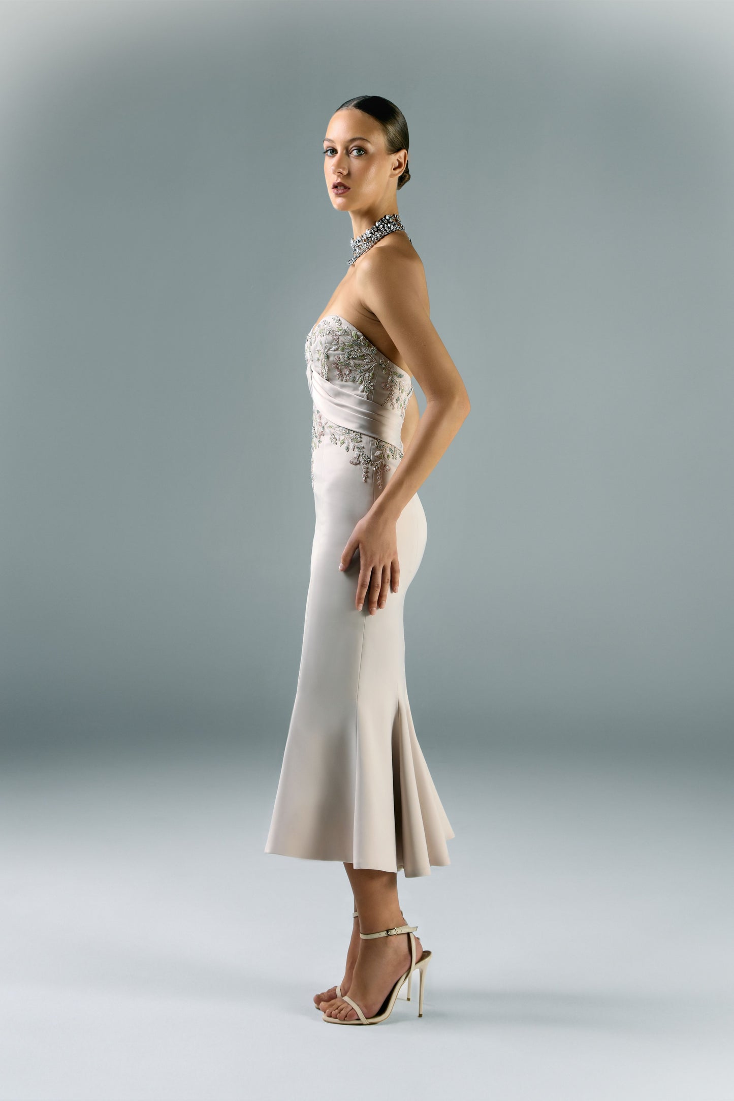 Crepe Embroidered Midi Dress