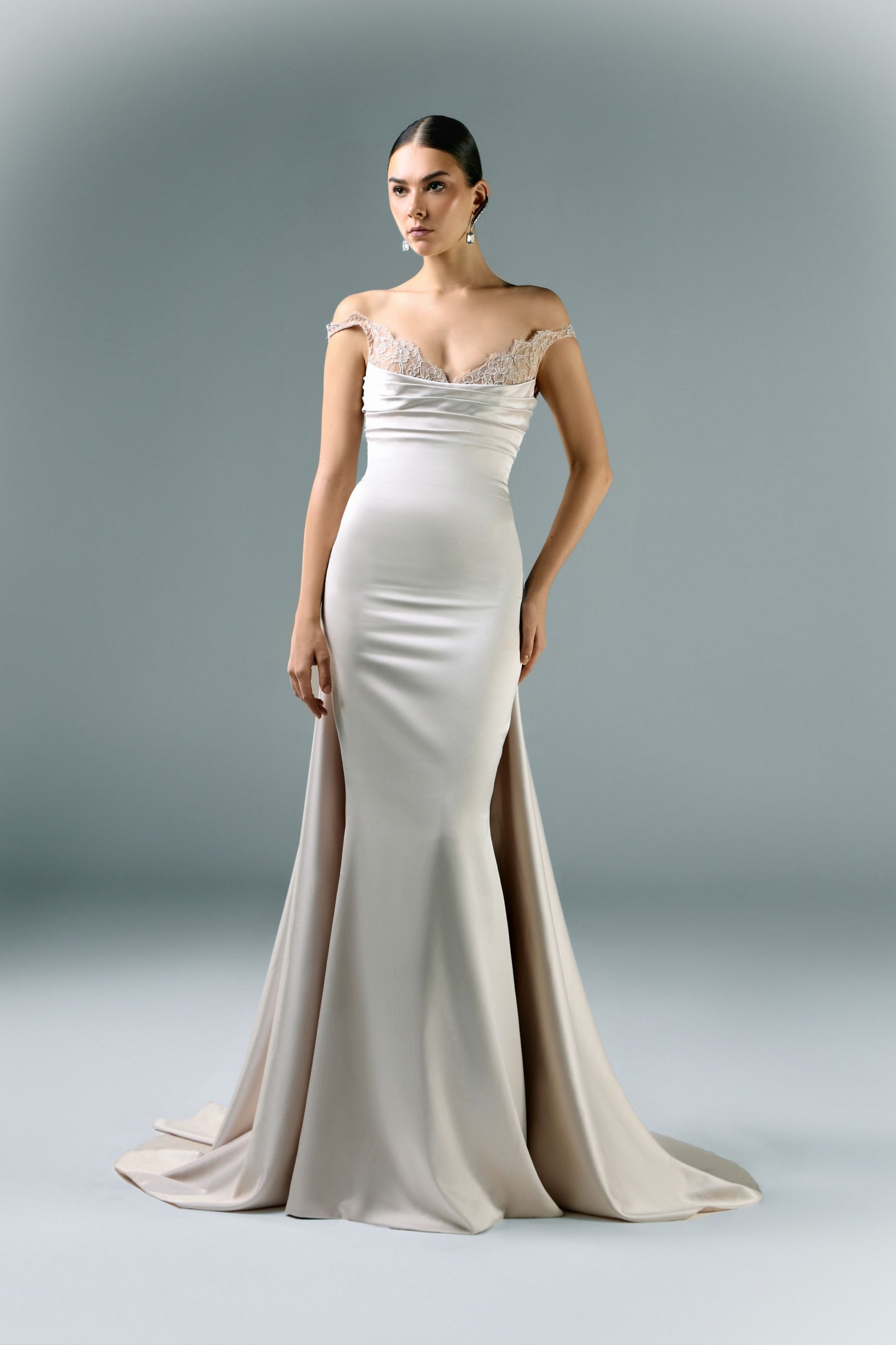 Long Draped Dress With Lace Cut On The Bust