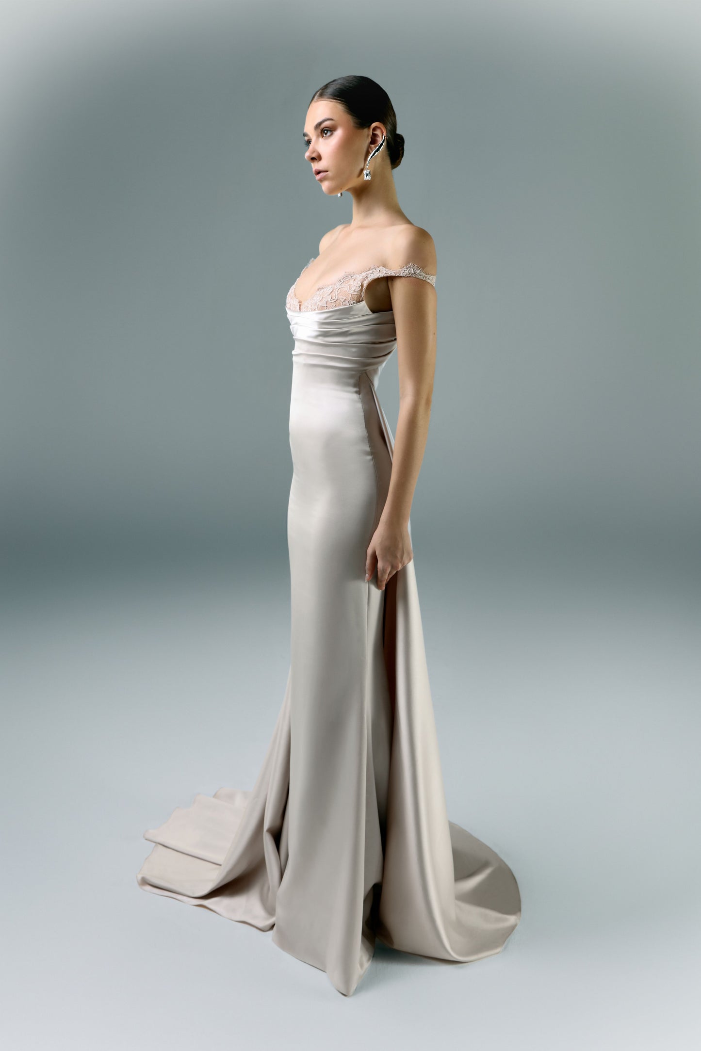 Long Draped Dress With Lace Cut On The Bust