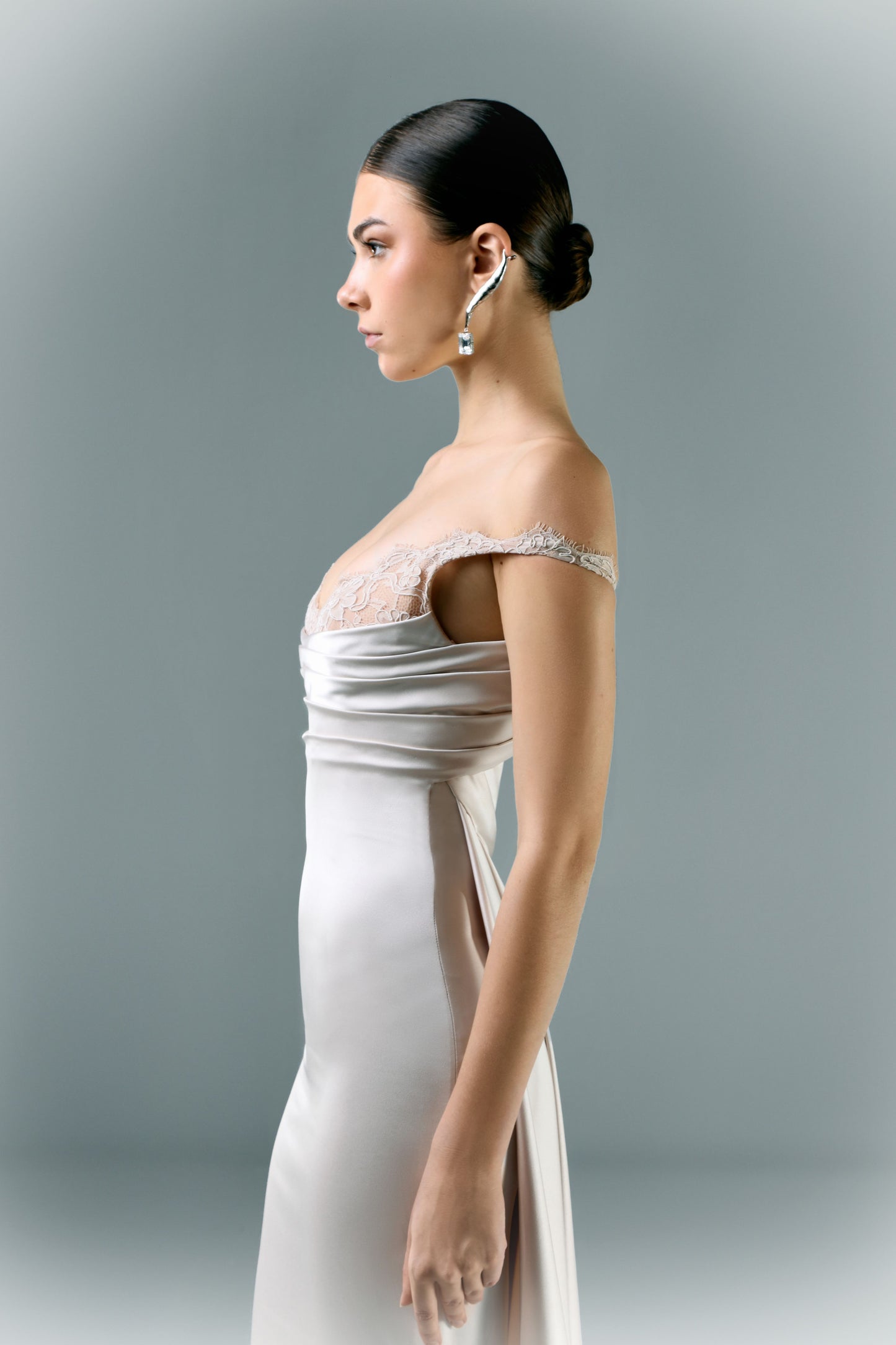 Long Draped Dress With Lace Cut On The Bust