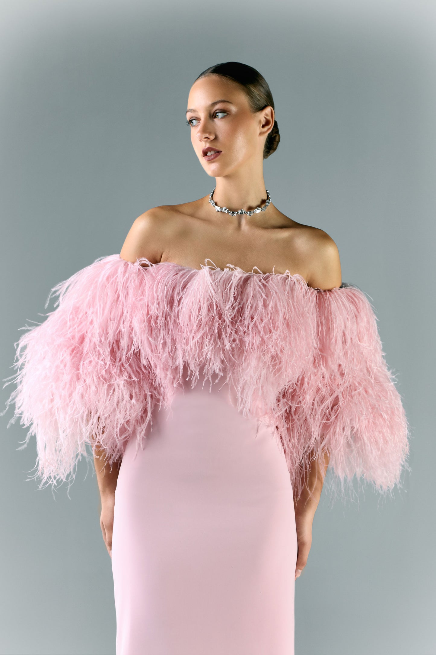 Off-shoulder Crepe Dress With Feather