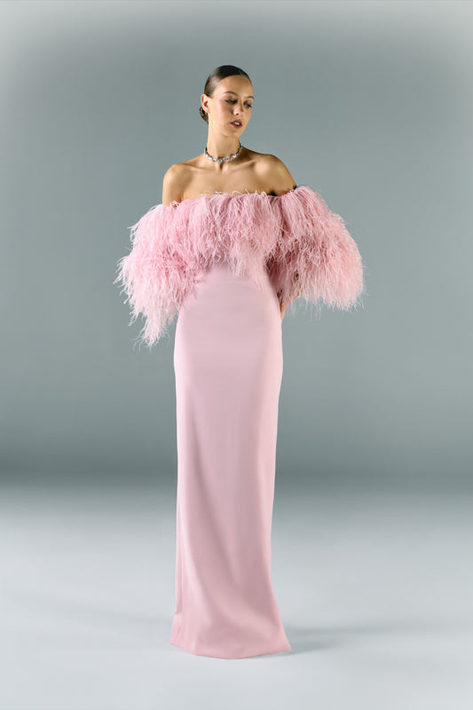 Off-shoulder Crepe Dress With Feather