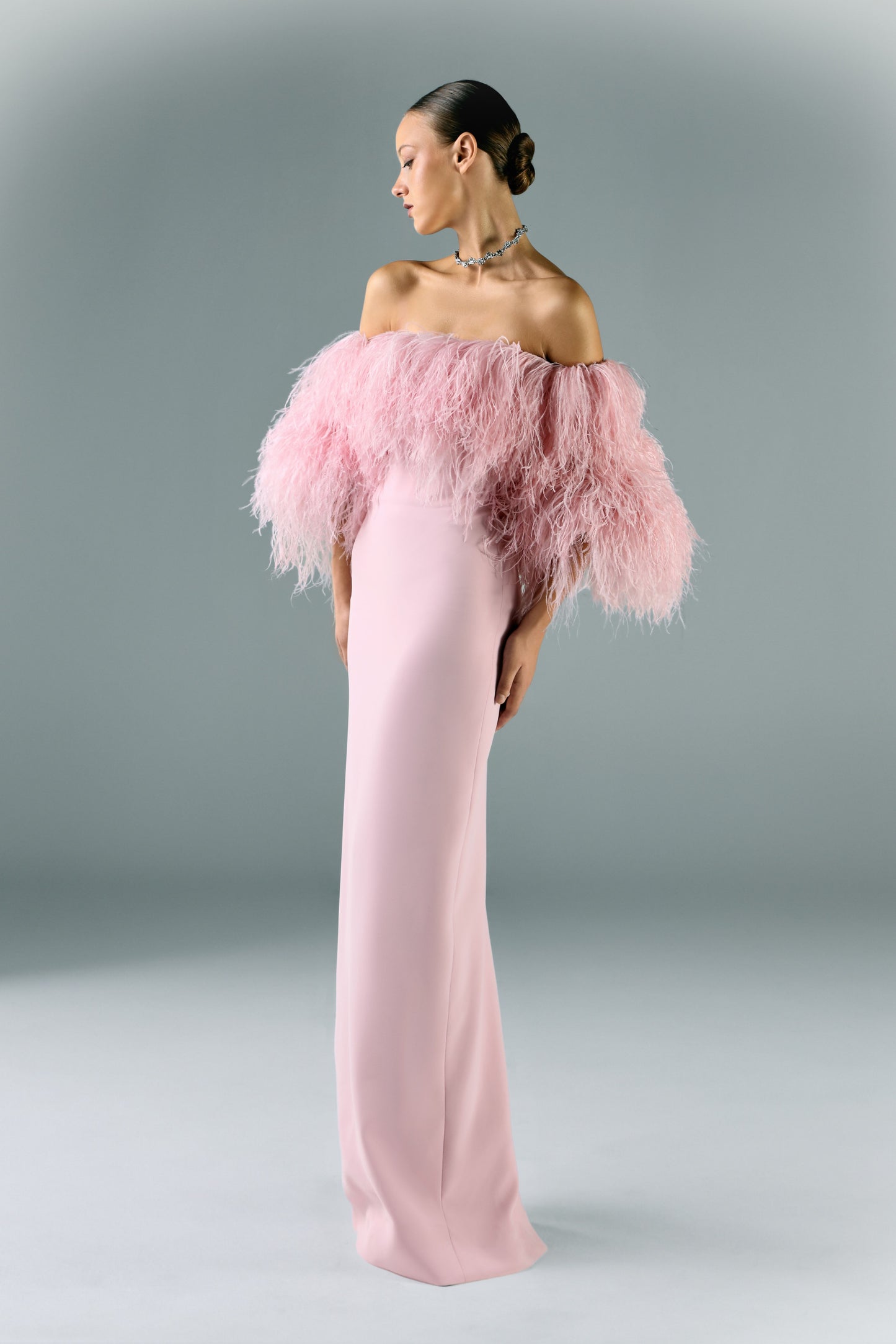 Off-shoulder Crepe Dress With Feather