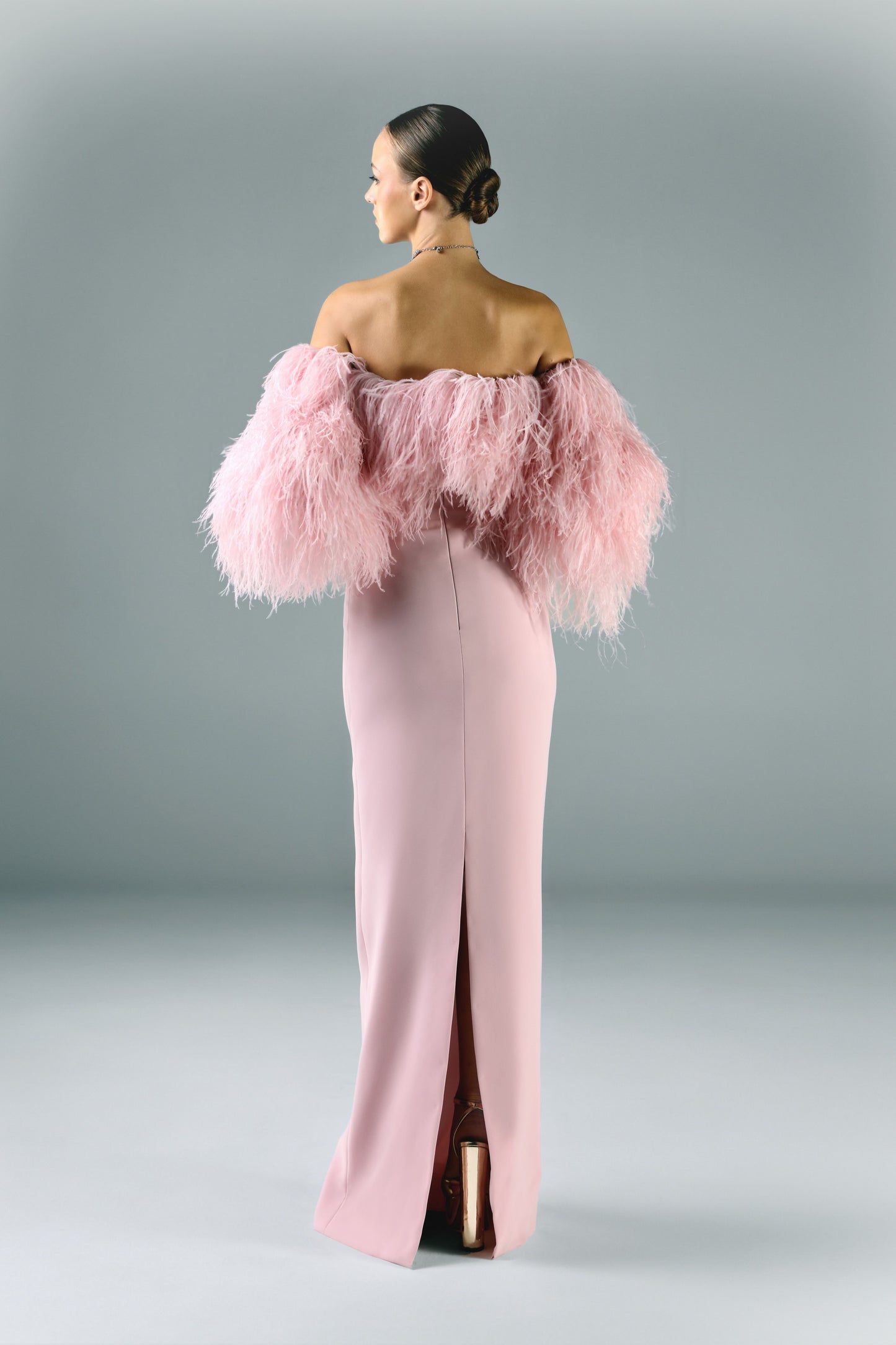 Off-shoulder Crepe Dress With Feather