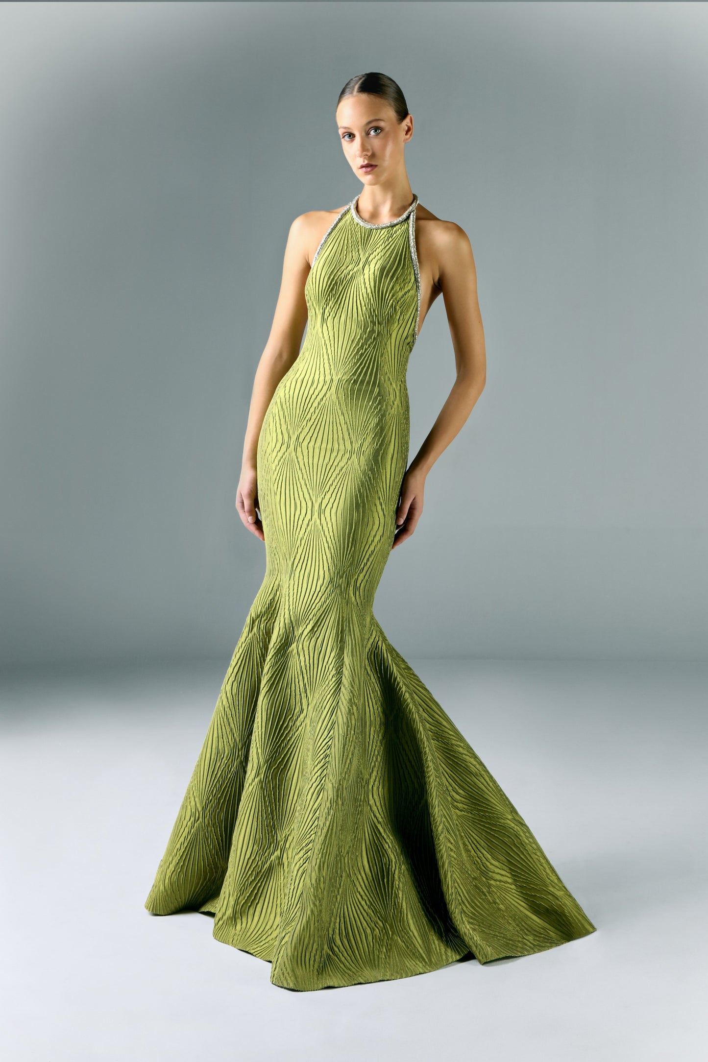 Long Brocade Dress with Embroidered Border