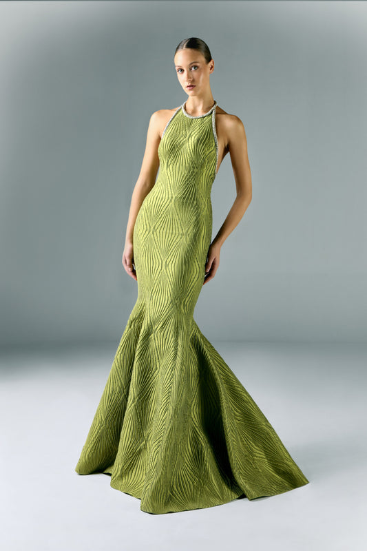 Long Brocade Dress with Embroidered Border