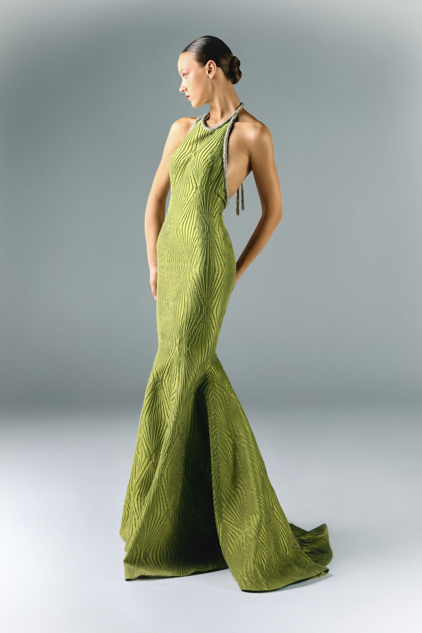 Long Brocade Dress with Embroidered Border