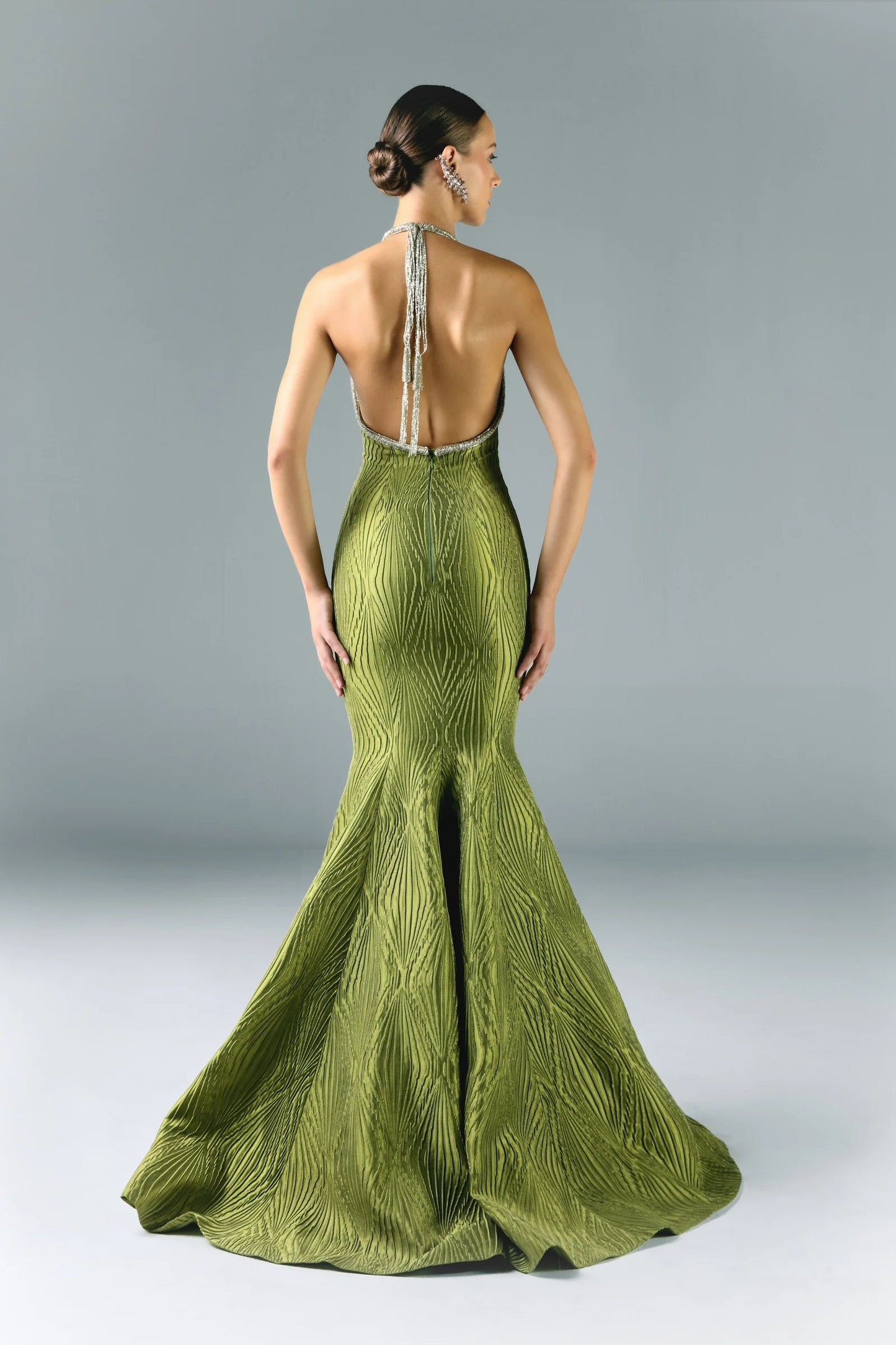 Long Brocade Dress with Embroidered Border