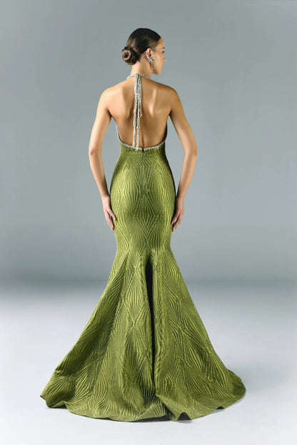 Long Brocade Dress with Embroidered Border