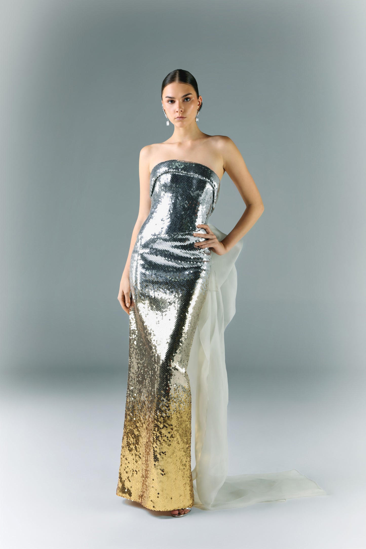 Strapless Payette Ombre Dress With Flowy Organza