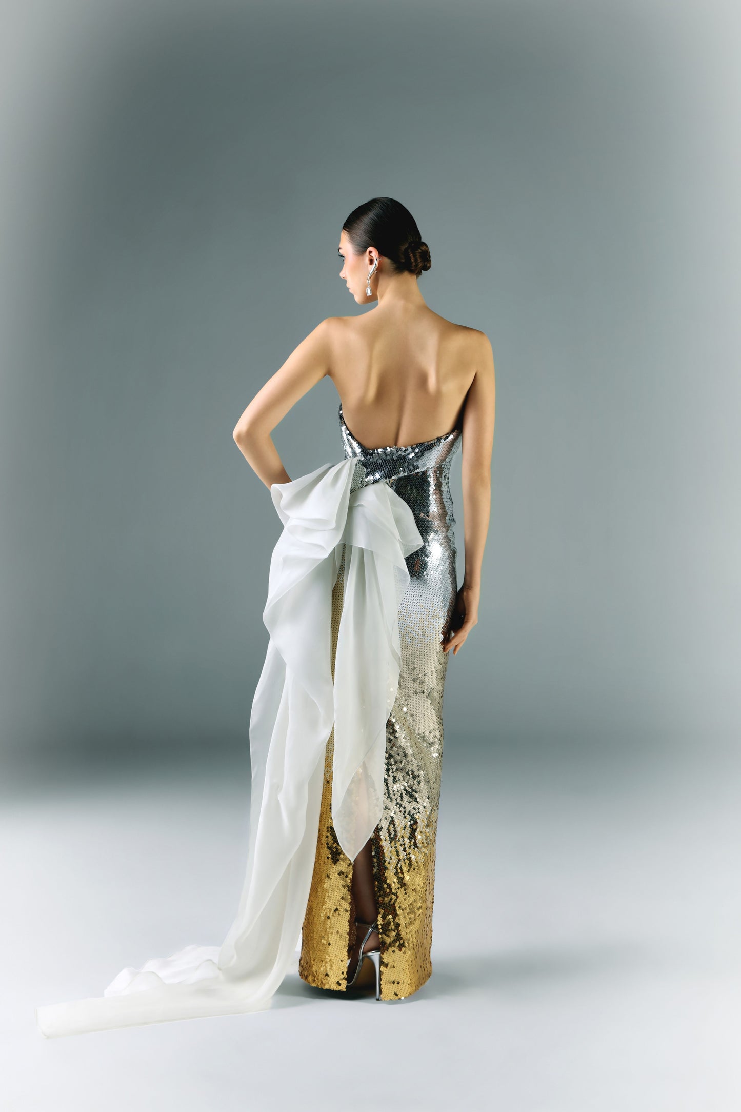Strapless Payette Ombre Dress With Flowy Organza