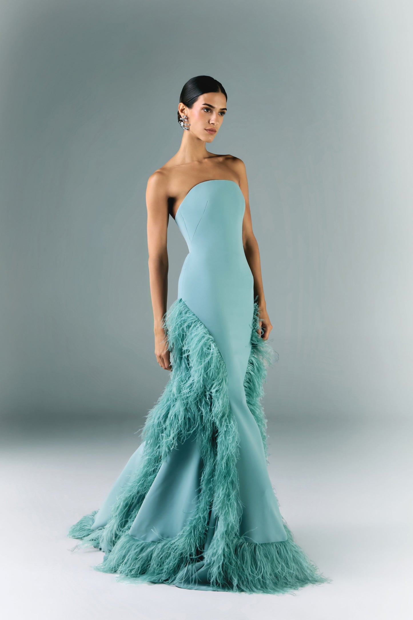 Long Strapless Dress With Feather Cutouts