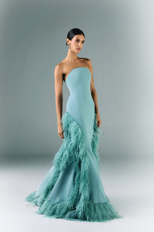 Long Strapless Dress With Feather Cutouts