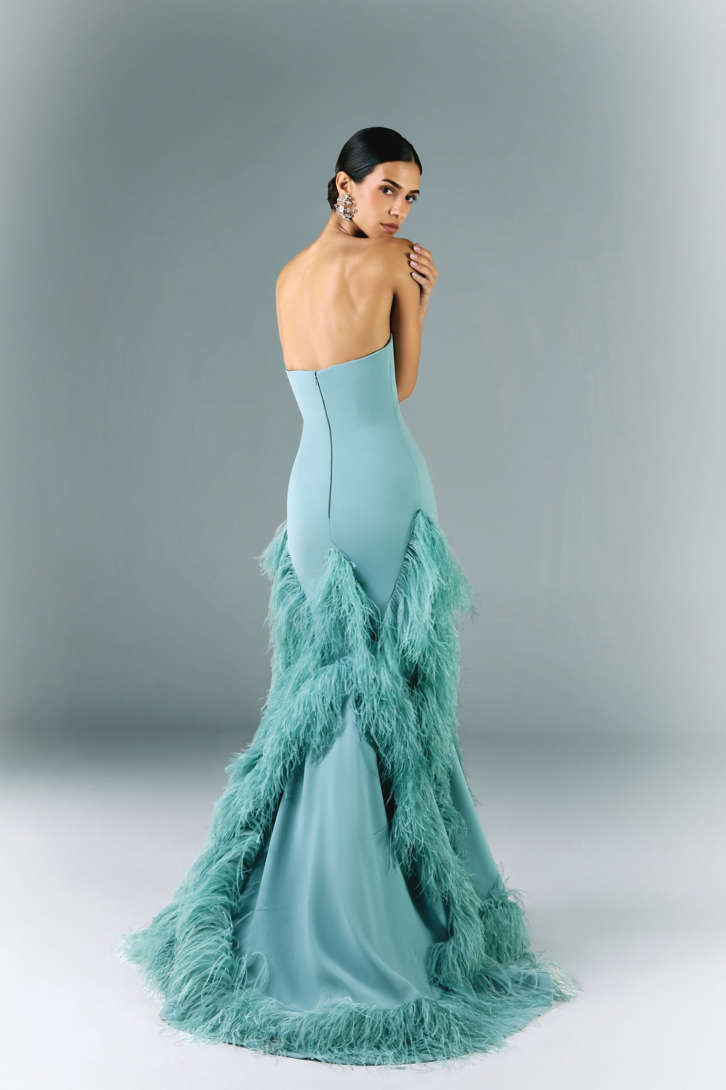 Long Strapless Dress With Feather Cutouts
