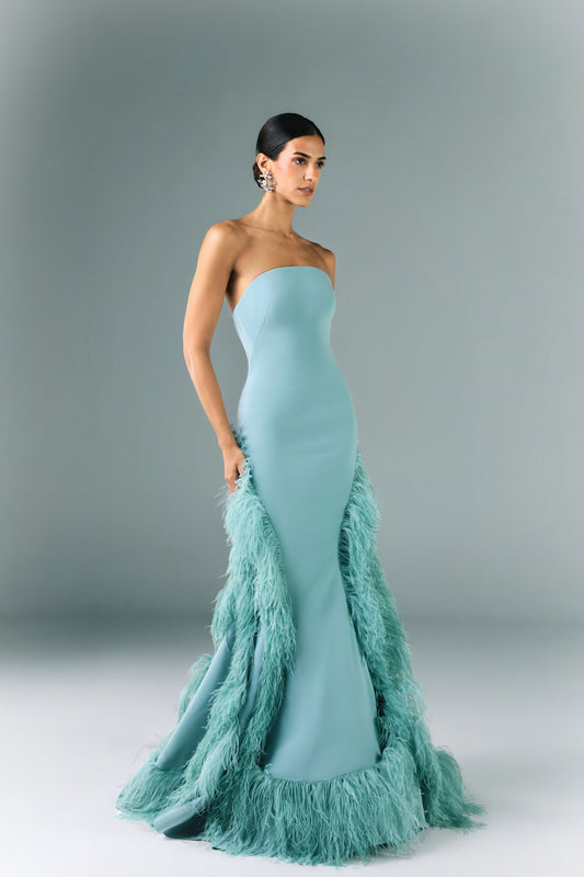 Long Strapless Dress With Feather Cutouts