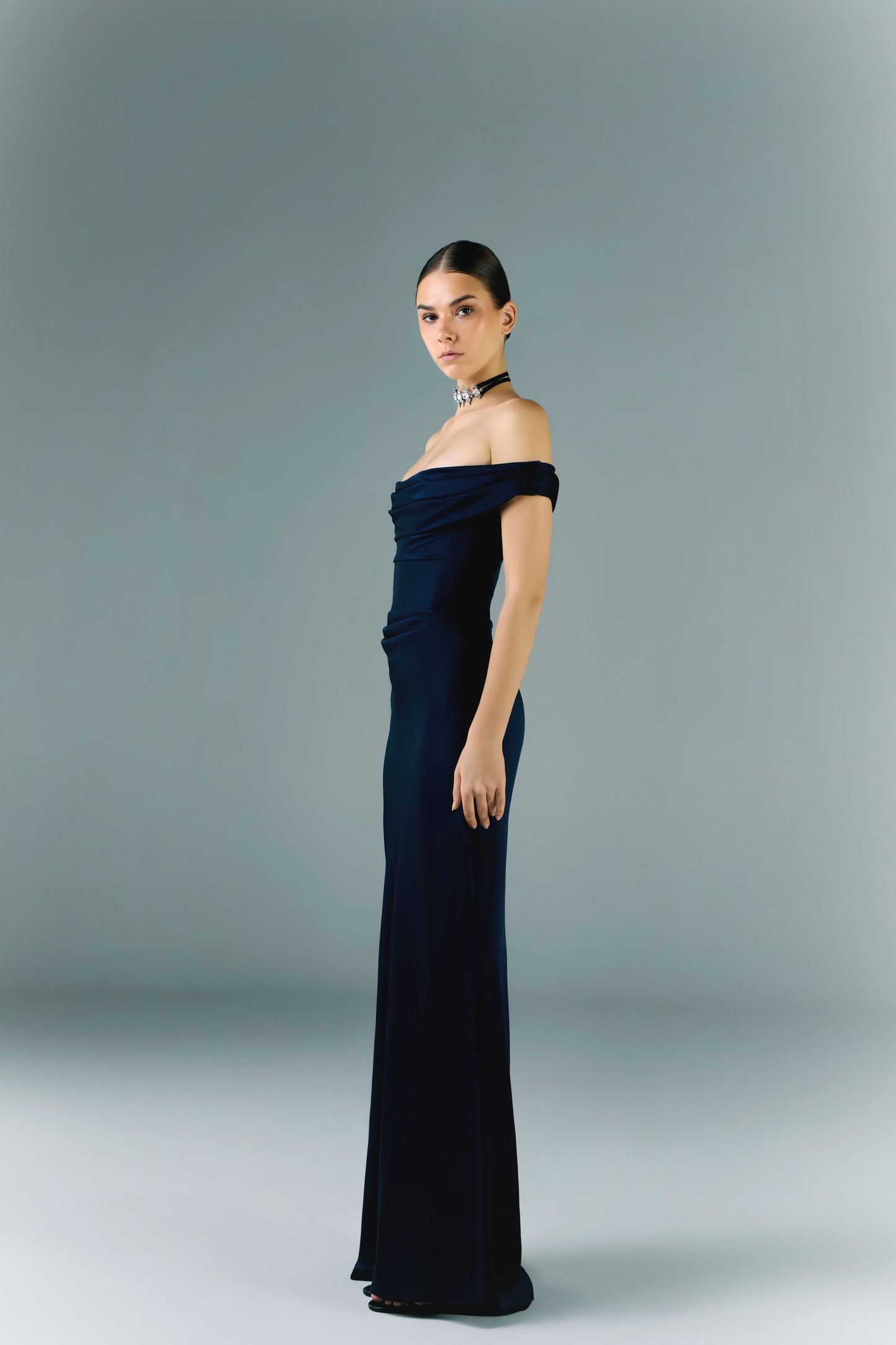 Long Off Shoulder Draped Dress