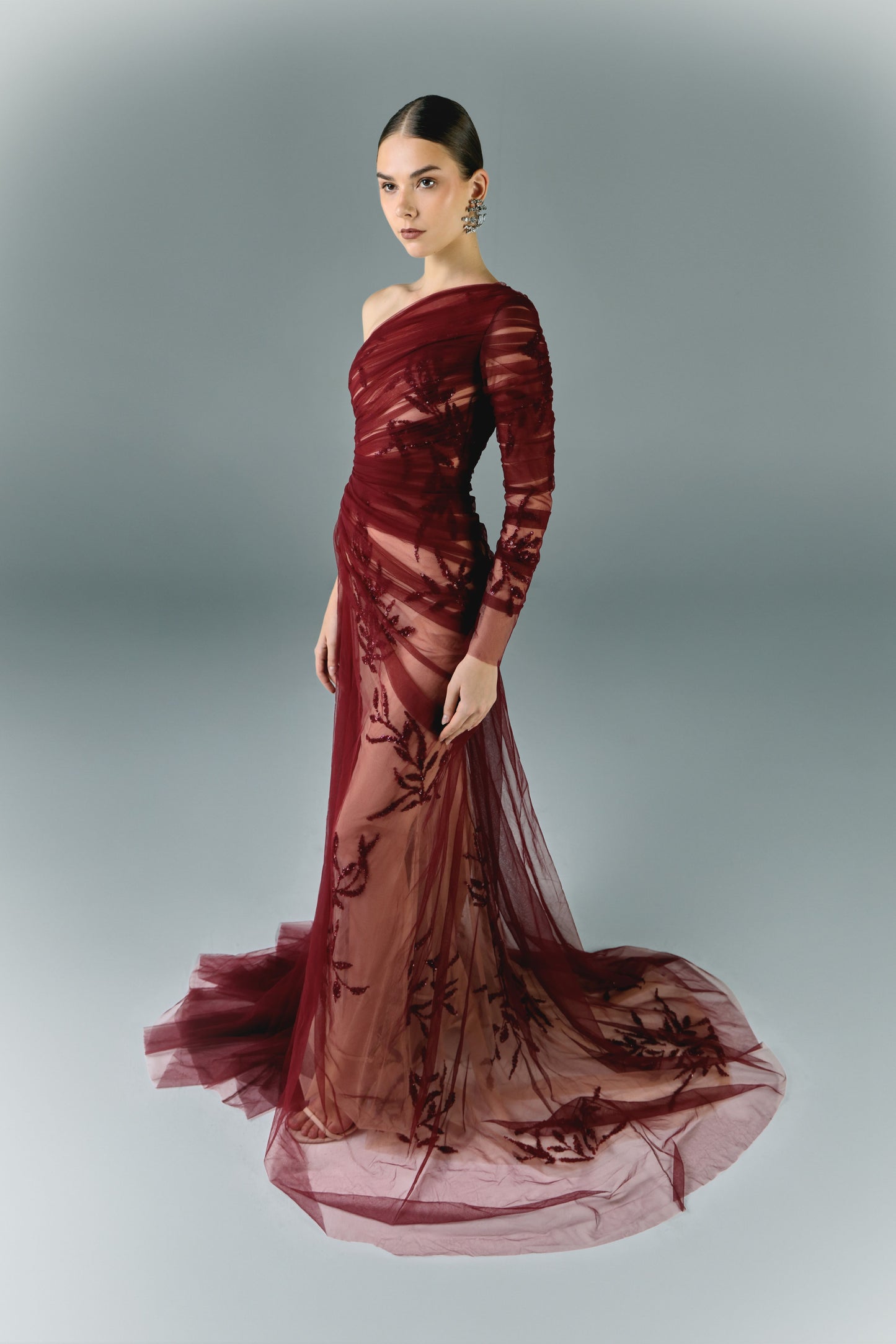 Embroidered Tulle Base With Draping