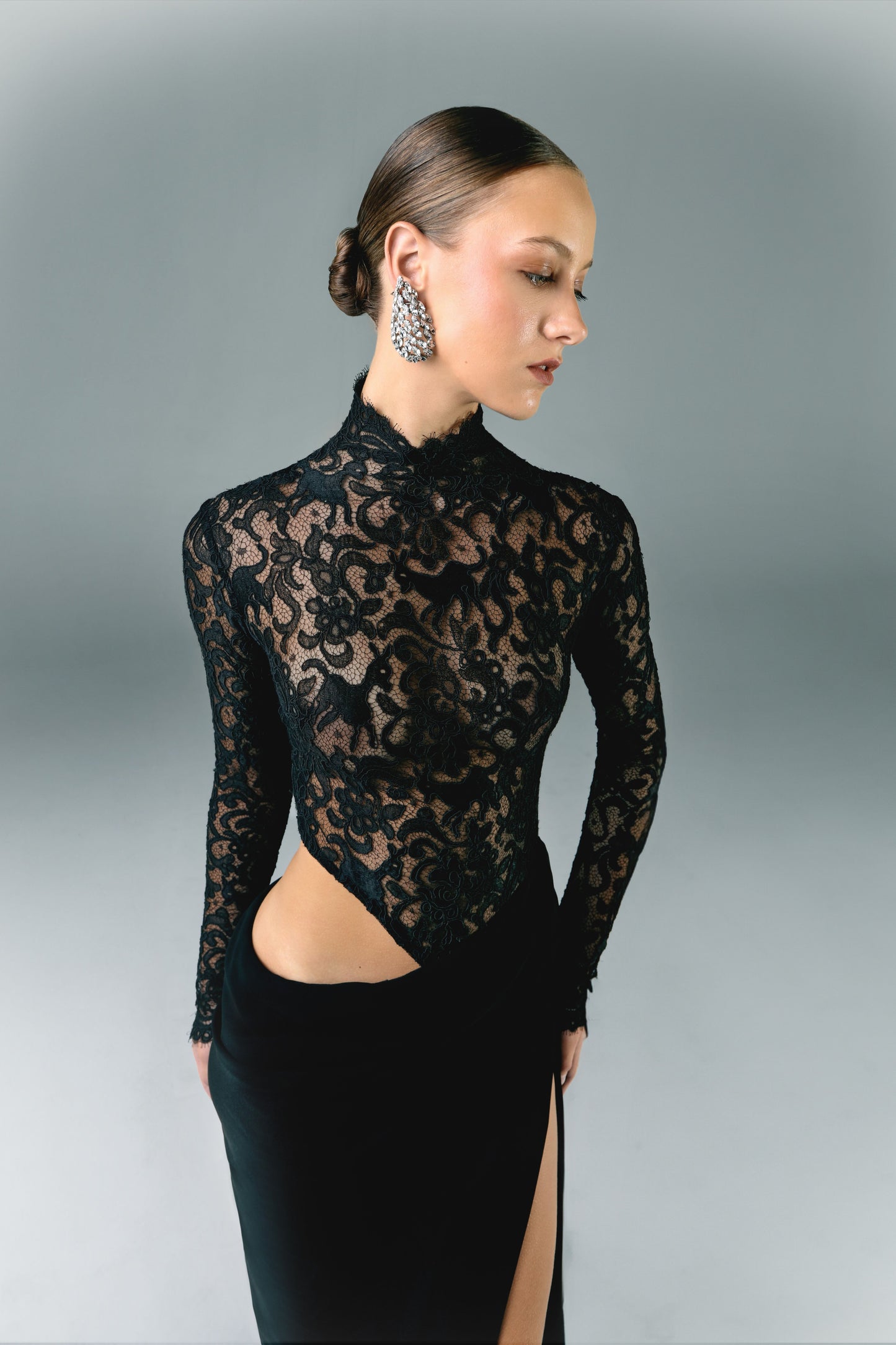 Lace And Crepe Long Dress With V Side Slit
