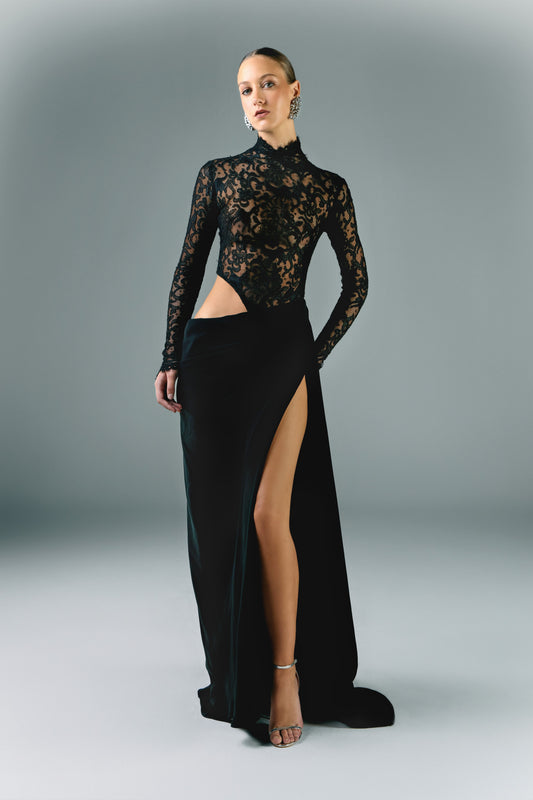 Lace And Crepe Long Dress With V Side Slit