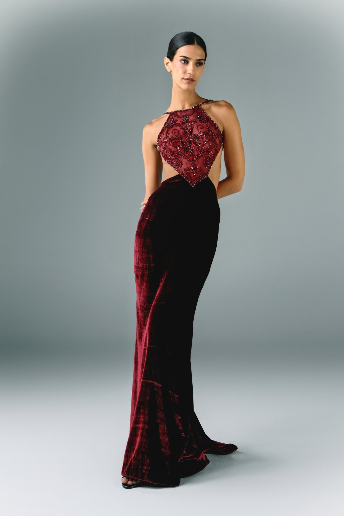 Embroidered Tulle And Velvet Gown