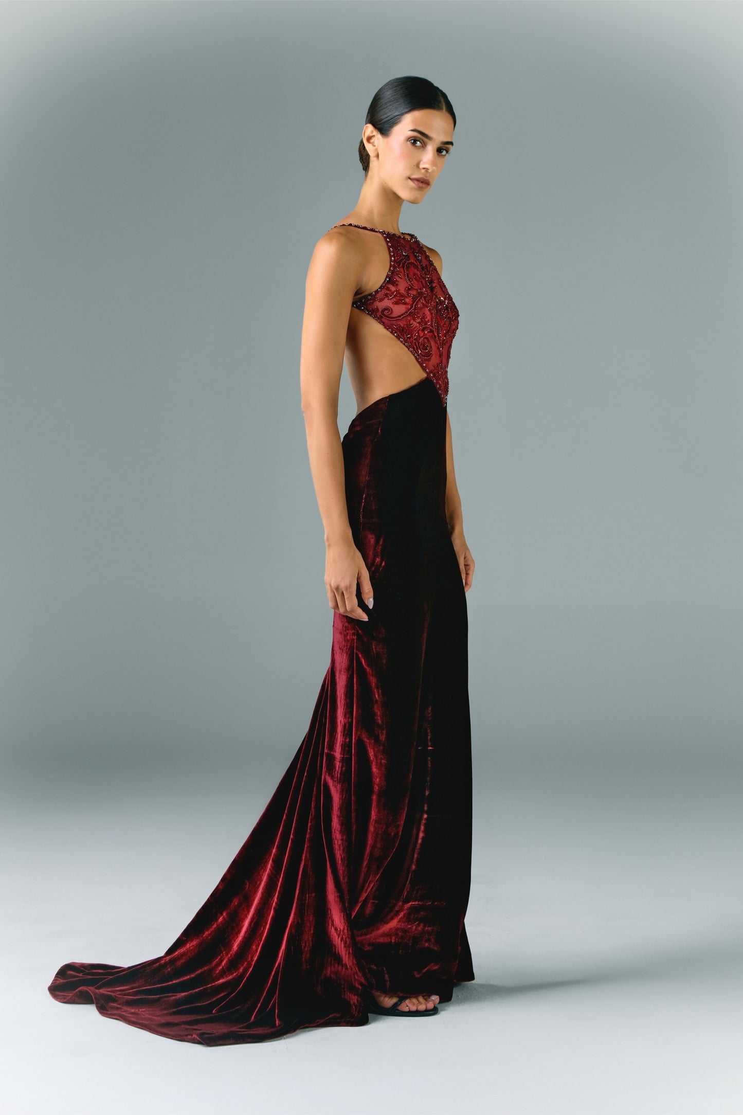 Embroidered Tulle And Velvet Gown