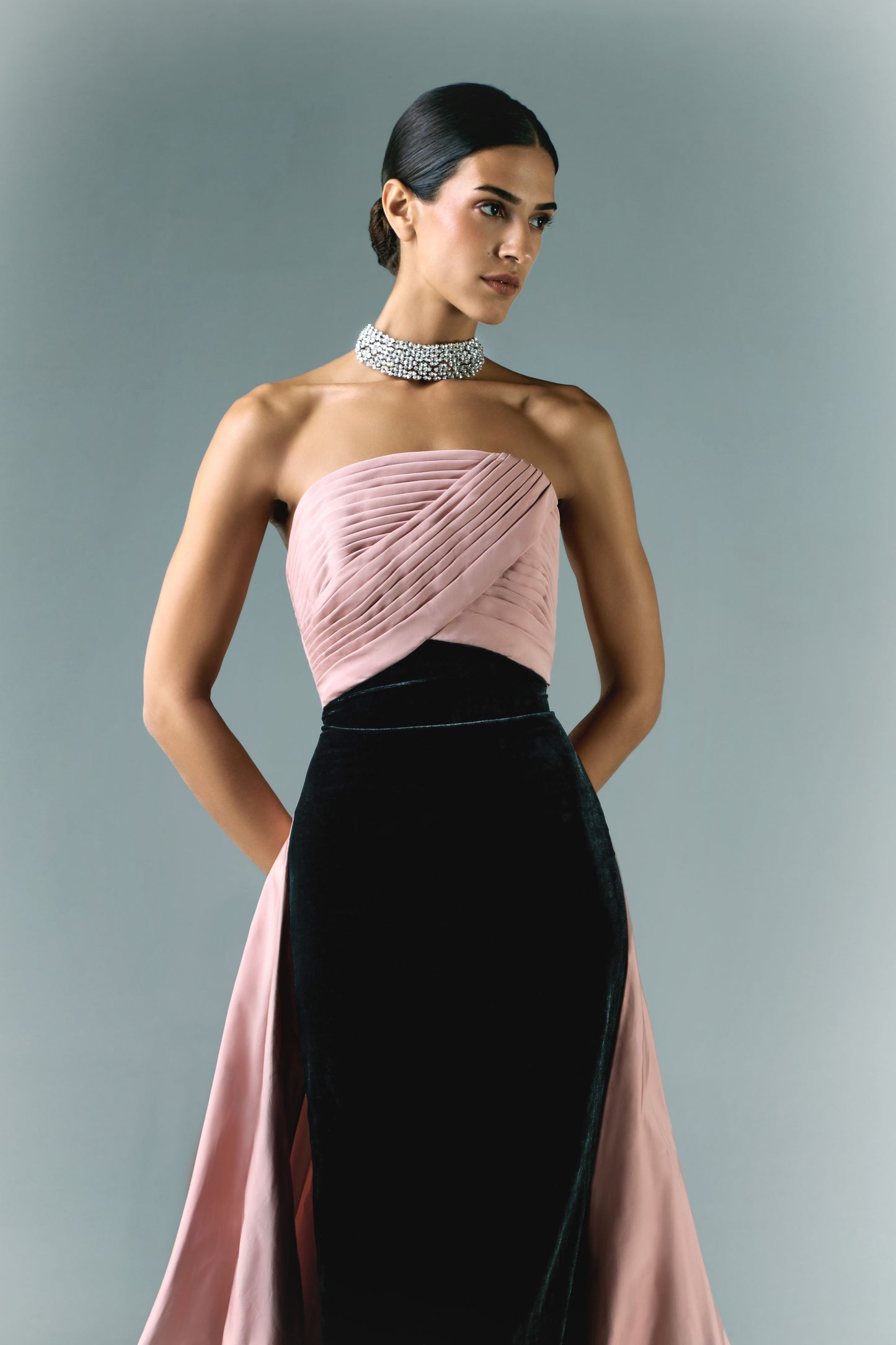 Draped Taffeta With Velvet Long Dress
