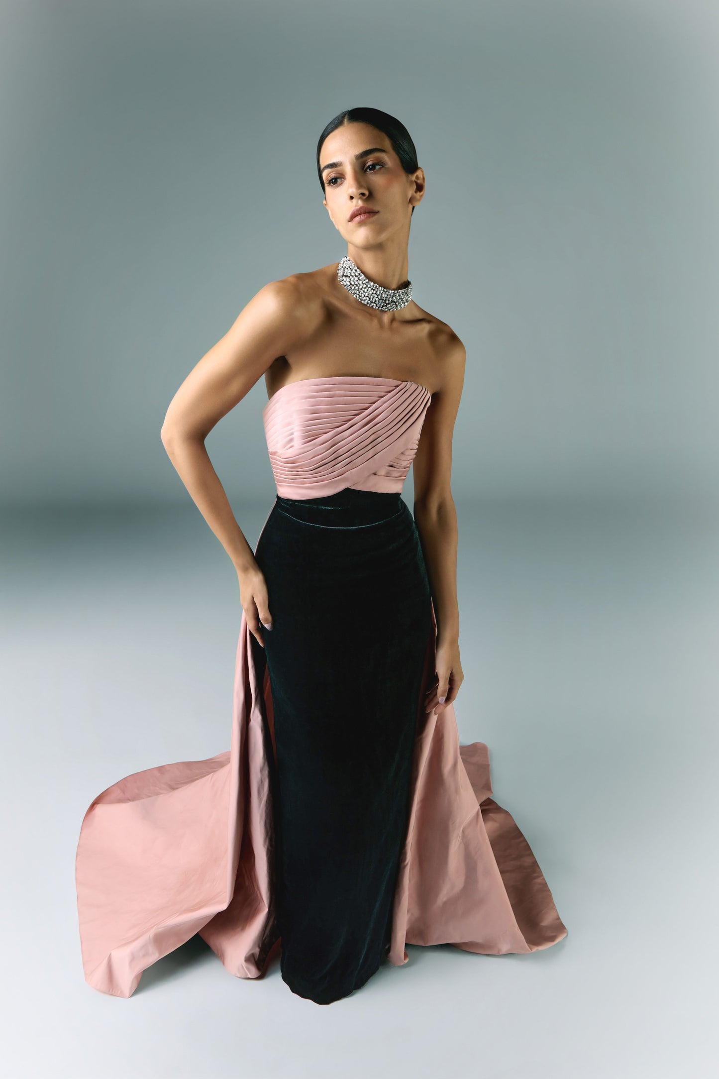 Draped Taffeta With Velvet Long Dress