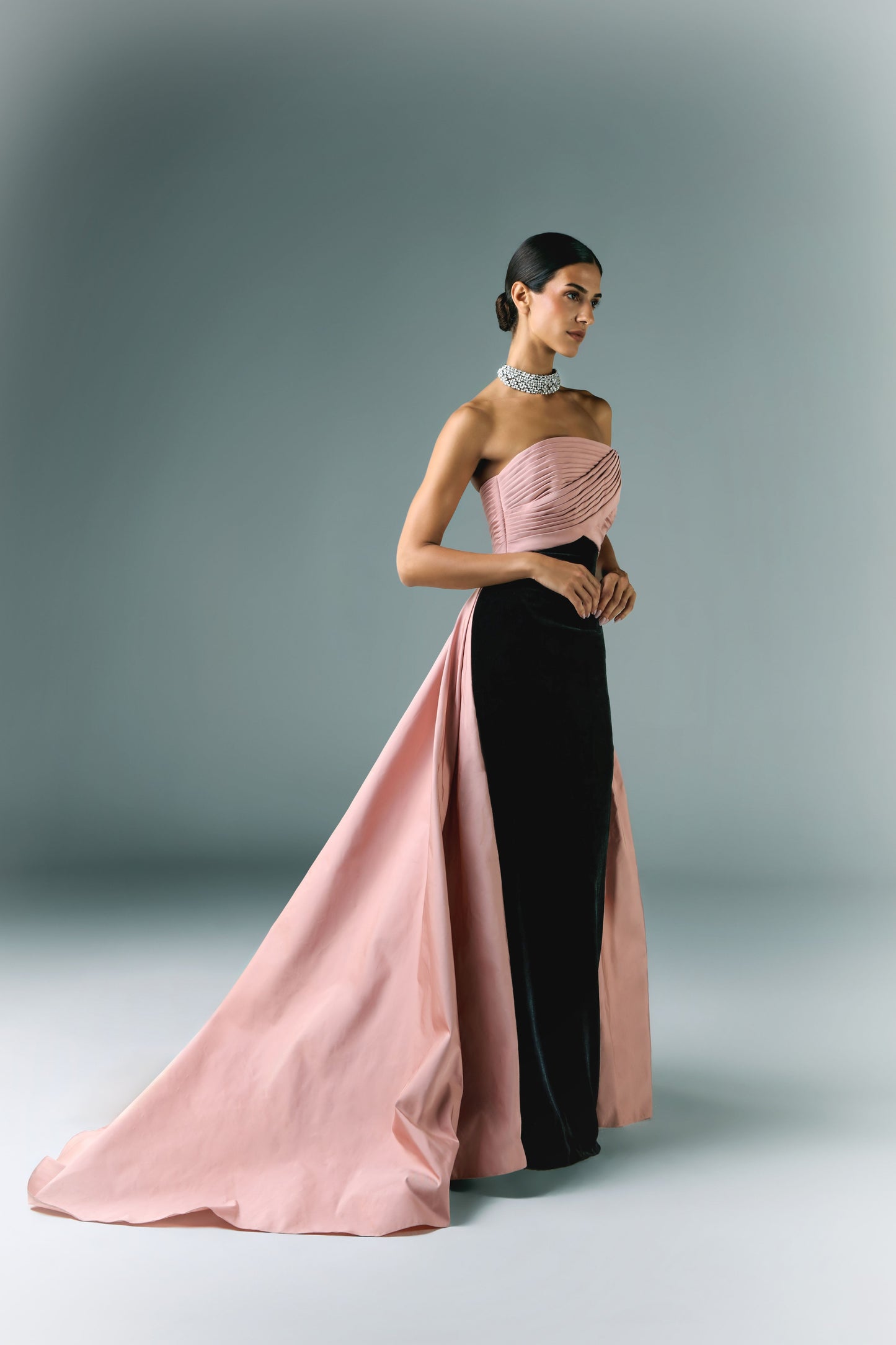 Draped Taffeta With Velvet Long Dress