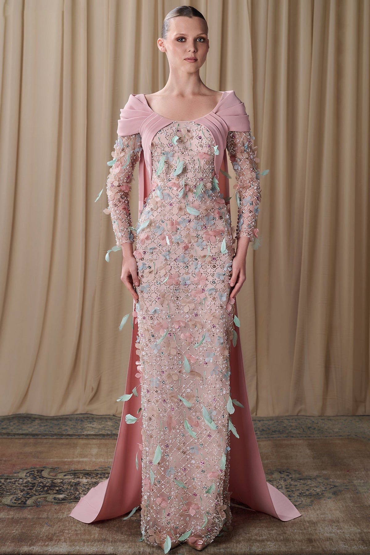 Feathered Portrait-Collar Cape Gown