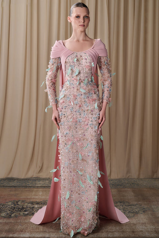 Feathered Portrait-Collar Cape Gown