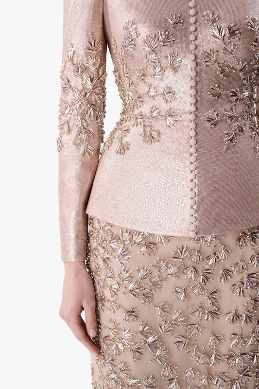 Structured Peplum Gown with Embroidered Skirt