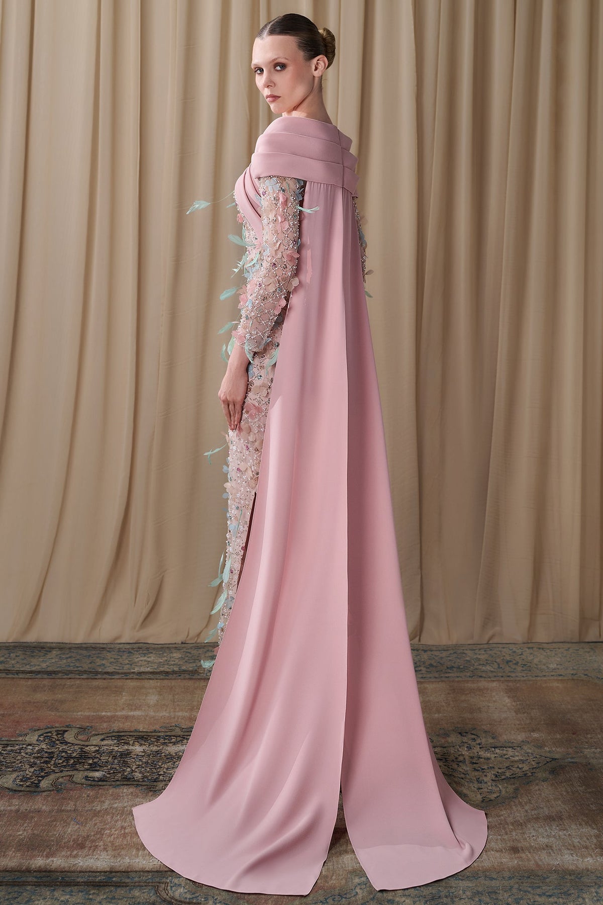 Feathered Portrait-Collar Cape Gown