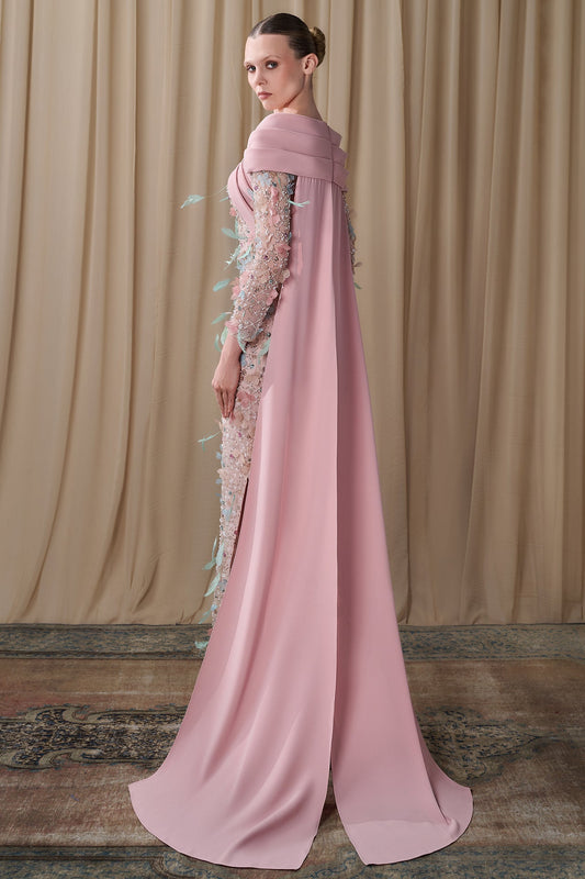 Feathered Portrait-Collar Cape Gown