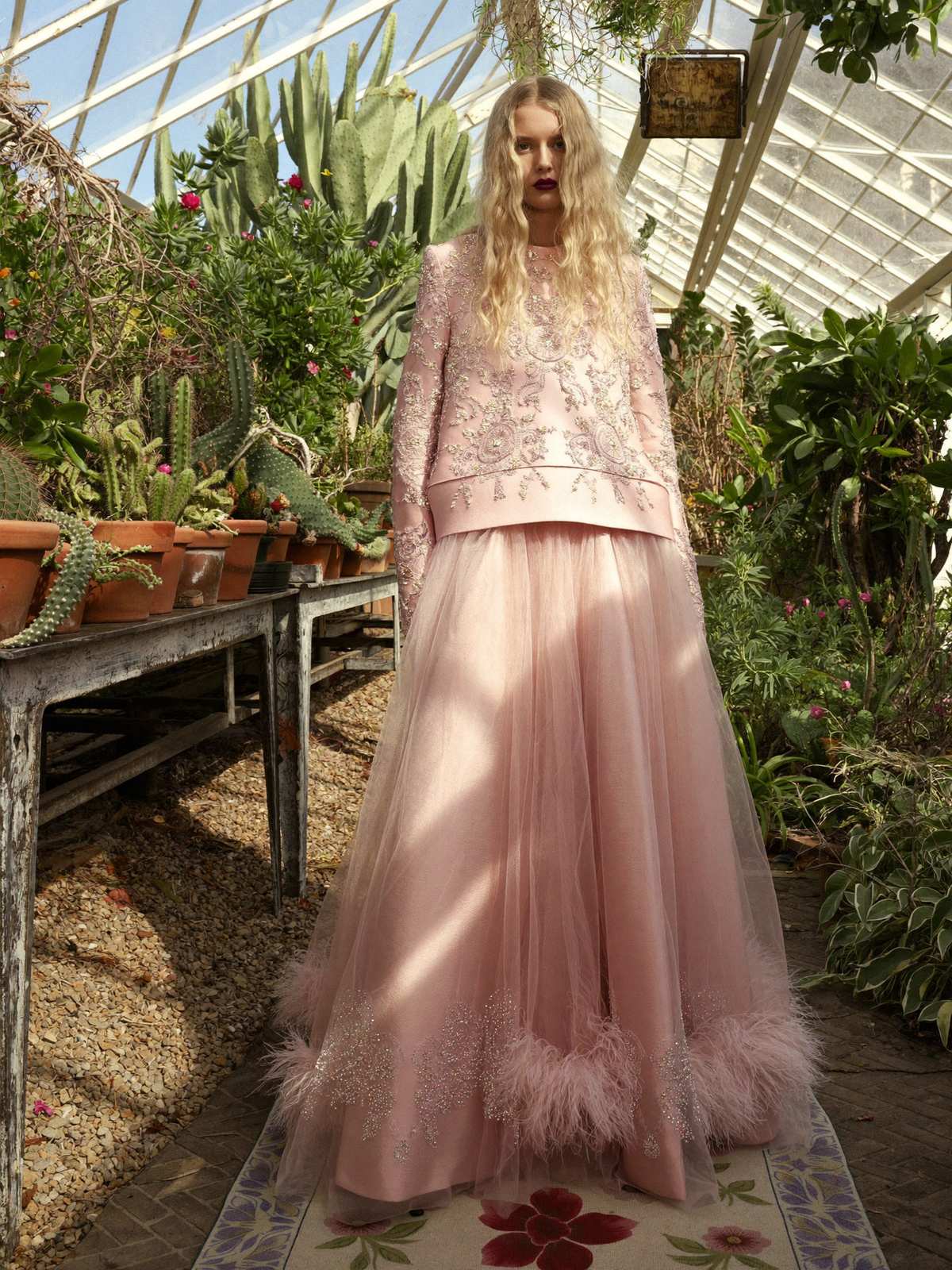 Blush Embroidered Top with Feathered Skirt