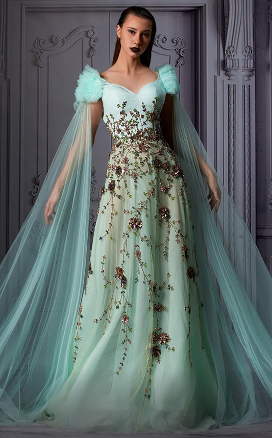 Mint Applique Cape Sleeve Gown