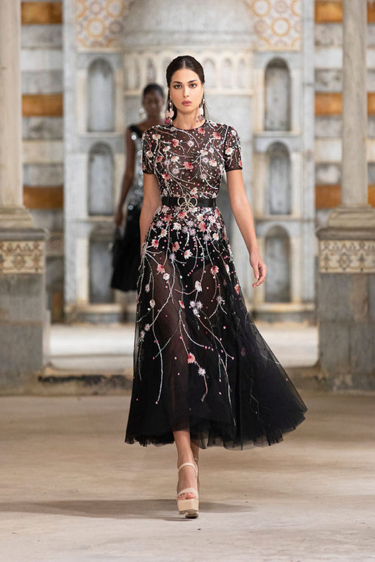 Beaded Tulle Short Sleeve Midi Dress
