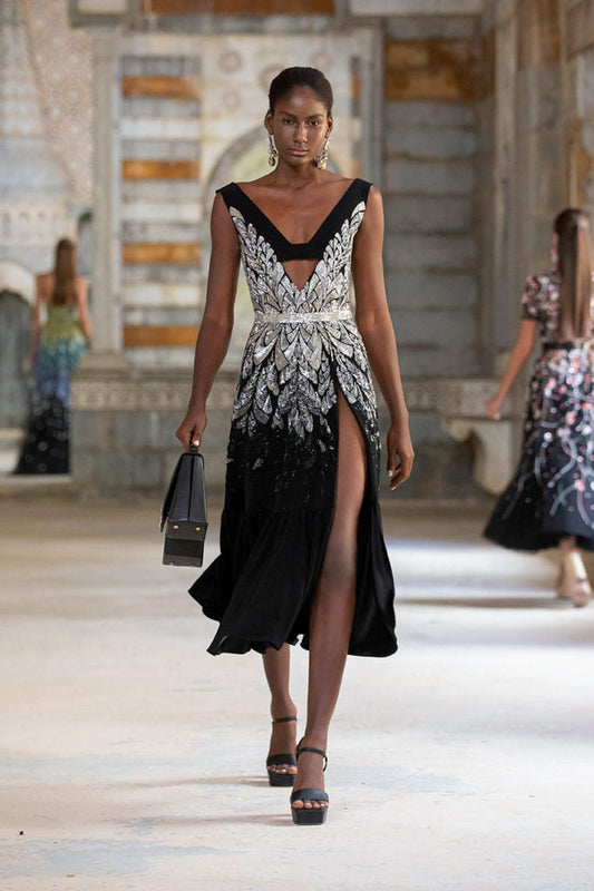 Black Crepe and Beaded Midi Dress