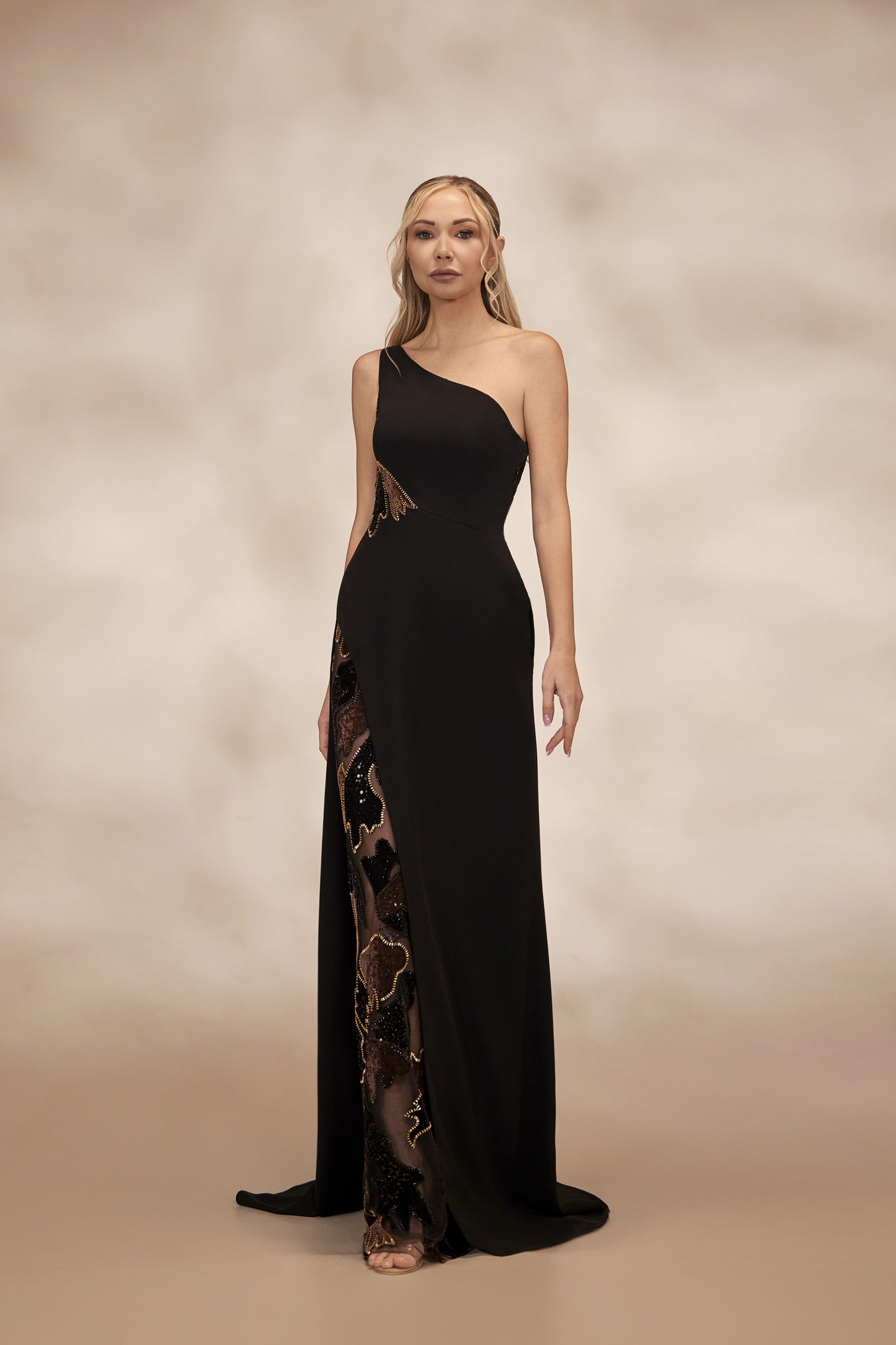 One-Shoulder Black Crepe Dress