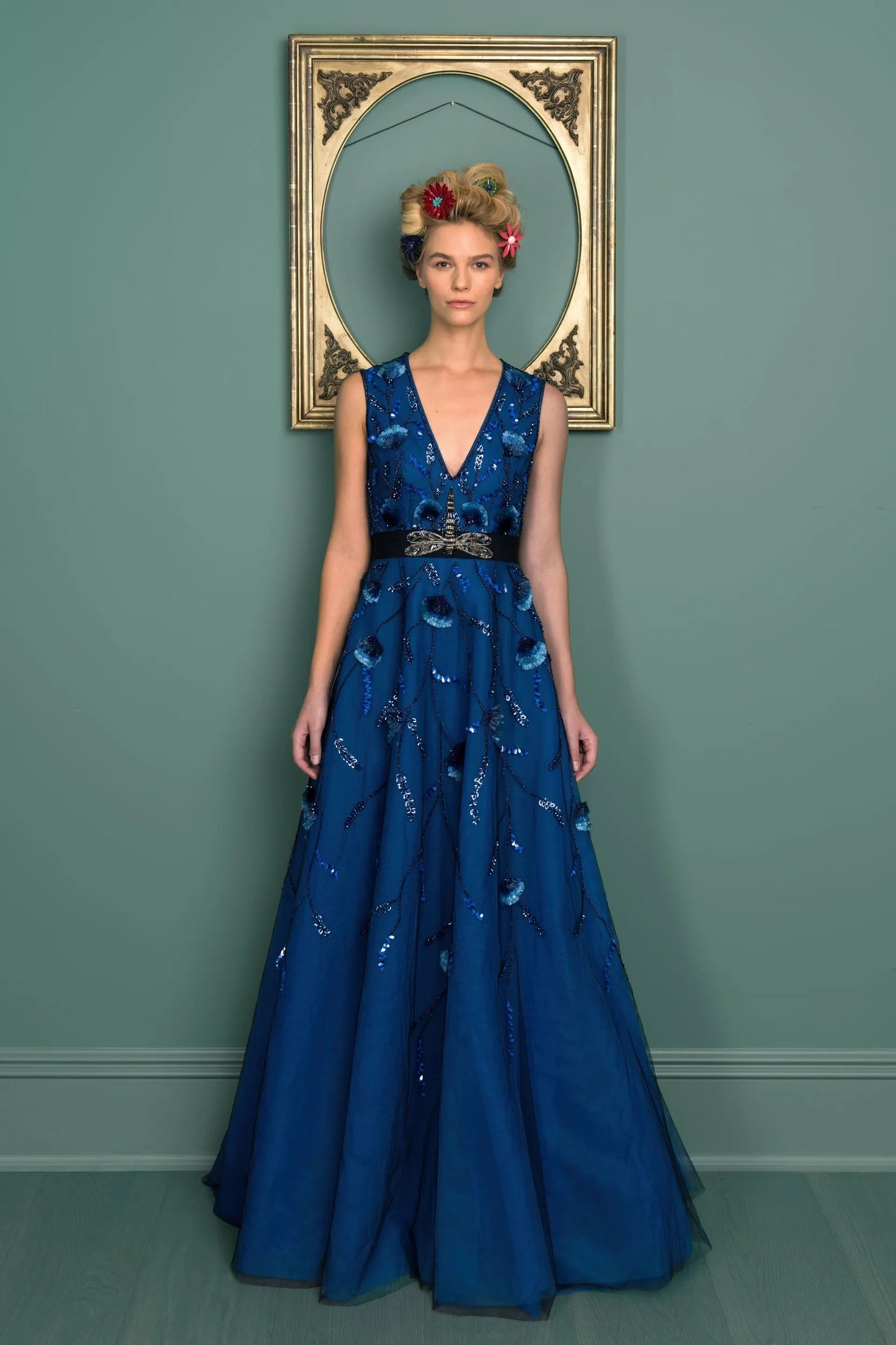 V-Neck Embroidered A-Line Gown
