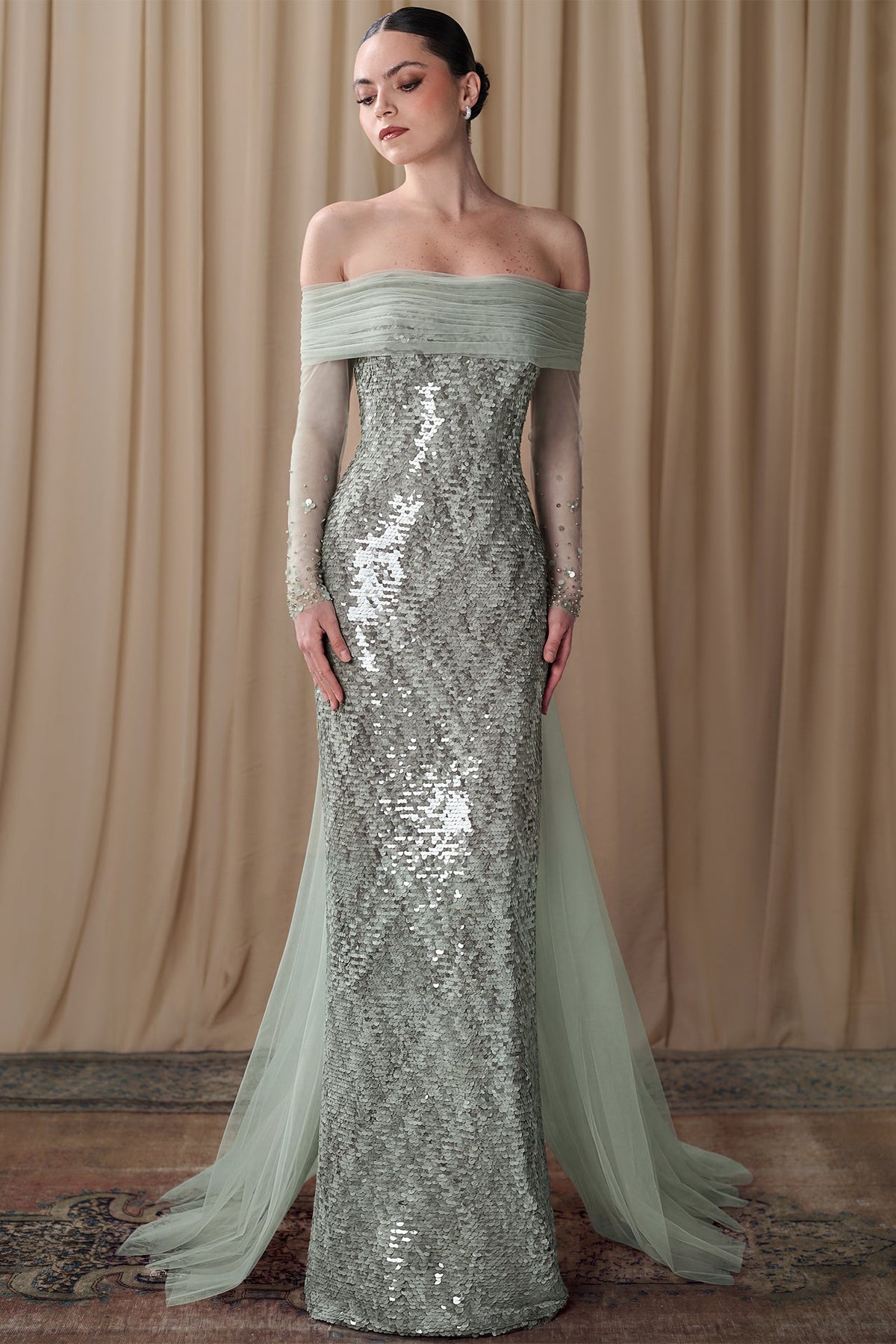 Off-Shoulder Sequin Cape Gown