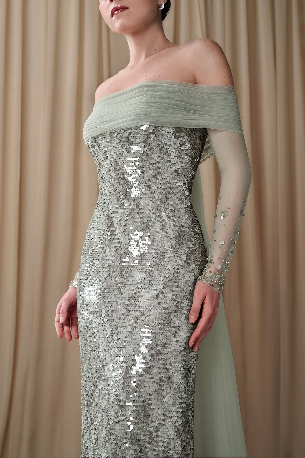 Off-Shoulder Sequin Cape Gown