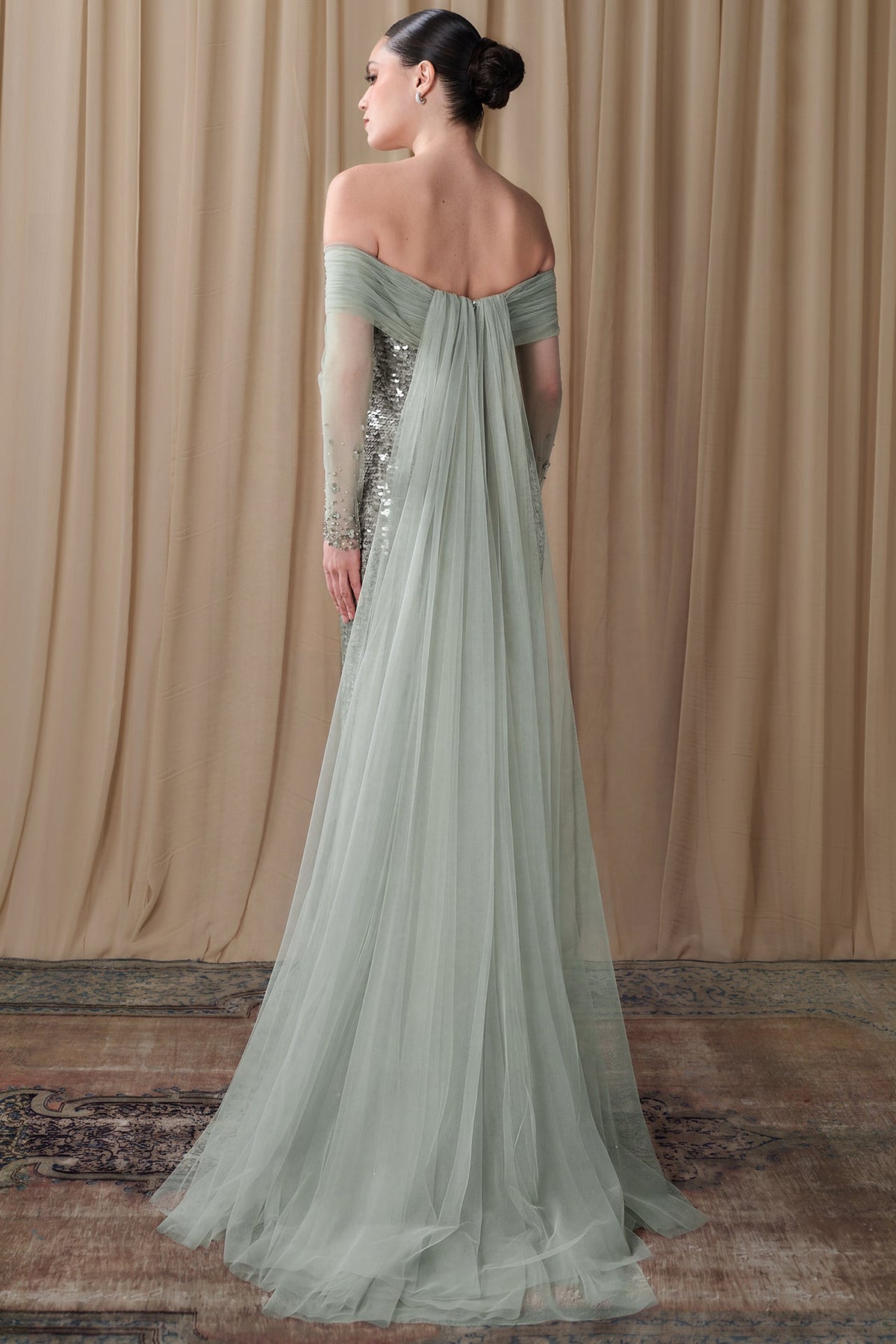 Off-Shoulder Sequin Cape Gown